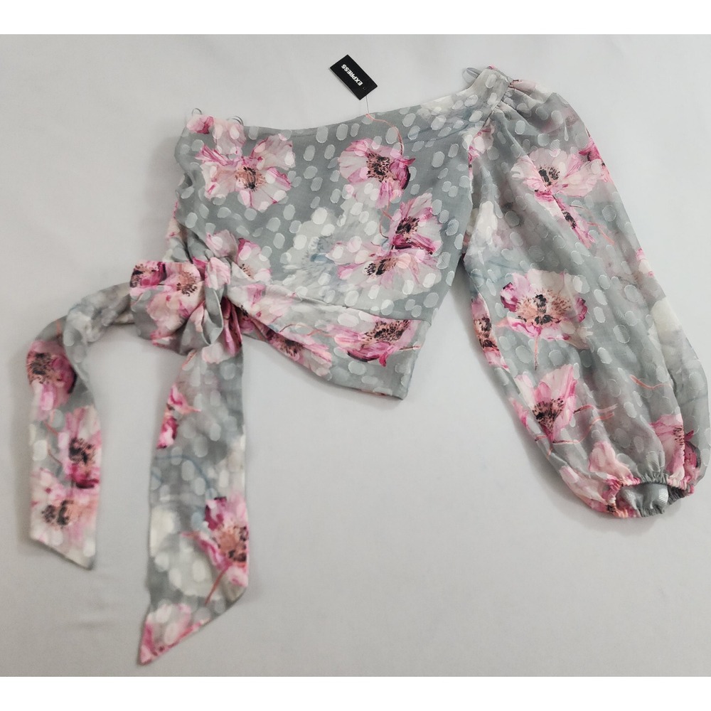 Express Blouse Womens XXS Grey One Shoulder Floral Clip Dot Tie Waist Top